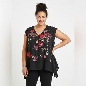 Torrid Plus Size 3 Black Floral Bird Print Chiffon Blouse Flowy V-Neck Top